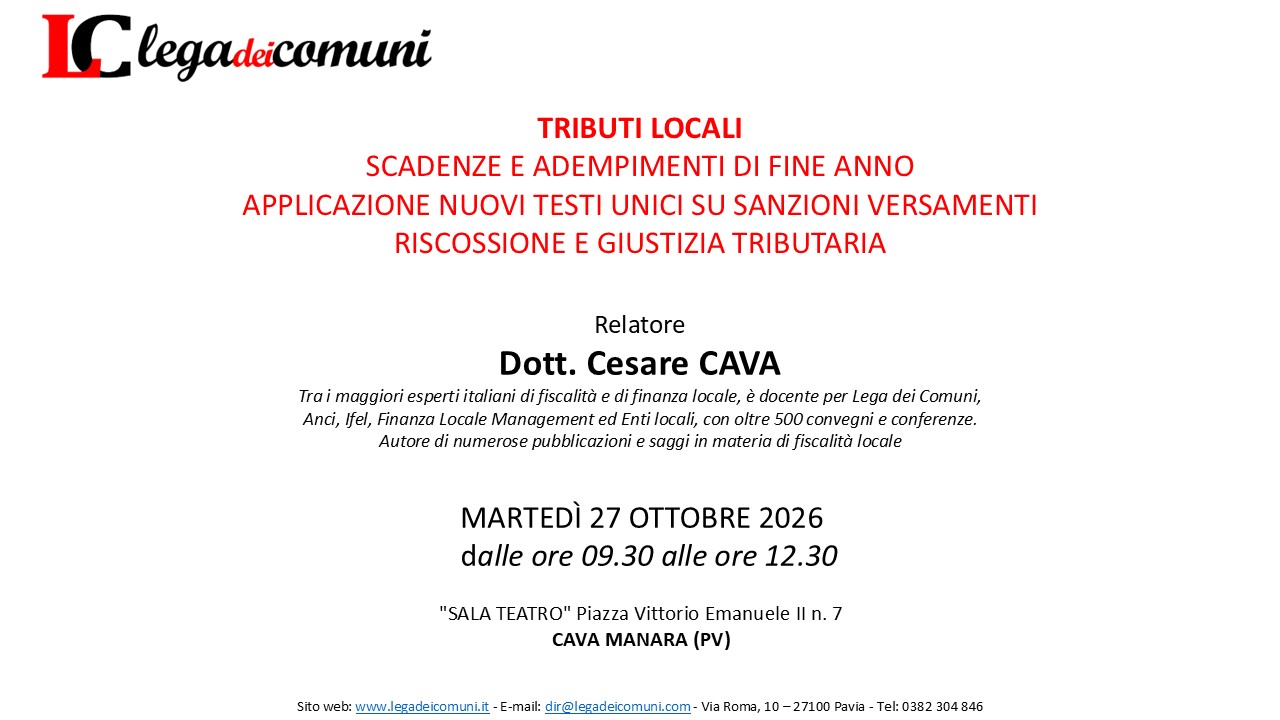 2026-10-27 – Tributi locali – Scadenze e adempimenti di fine anno applicazione nuovi testi unici su sanzioni versamenti riscossione e giustizia tributaria