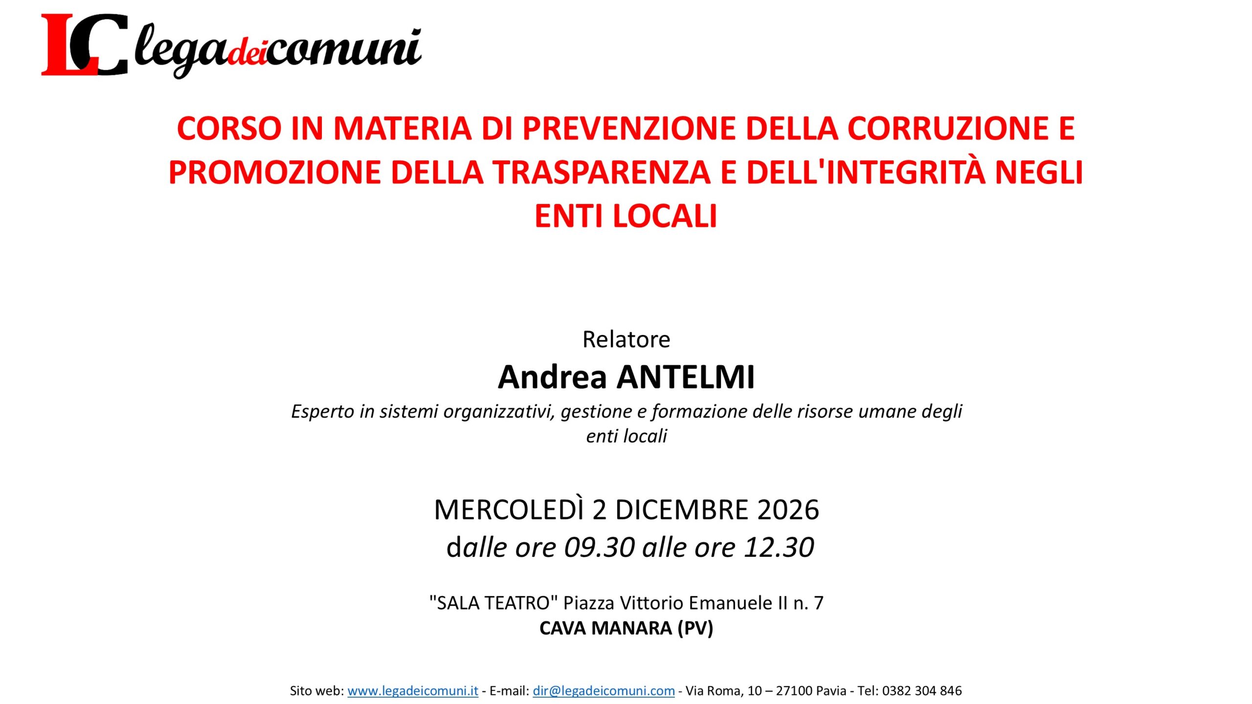 2026-12-02 – Corso in materia di prevenzione della corruzione e promozione della trasparenza e dell’integrità negli enti locali